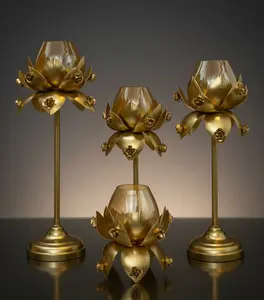 Glass Lotus Flower Pedestal Candle Holder - Decorative Tealight and Diya Holder for Home and Room Decor