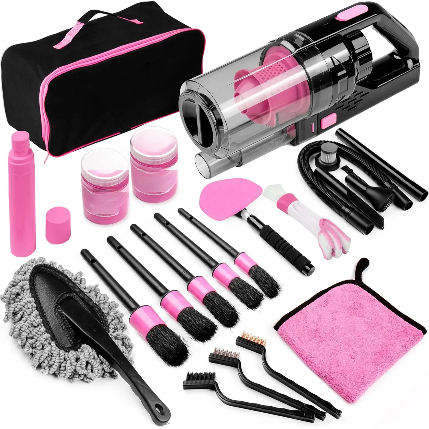 17 count  Cleaning Kit, Pink  Interior Detailing Kit with High Power Handheld Vacuum, Detailing Brush Set, Windshield Cleaner, Cleaning Gel, Complete Auto Accessories for Women