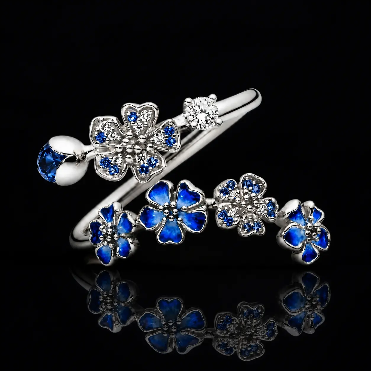 Blue Peach Blossom Luck Ring for Women, Romantic Flower Adjustable Ring, Love & Good Fortune Jewelry Gift for Girlfriend, Best Friend Birthday Gift