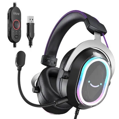 Fifine H13 Over-Ear USB Gaming Headset - Game Peripherals, Gamer Stuff, 7.1 Surround Sound, Condenser Mic, RGB Lights, Ergonomic Ear Pads, Control Box, PC Accessories - Compatible with PC, PS5/PS4, Laptop, Mac, AmpliGame
