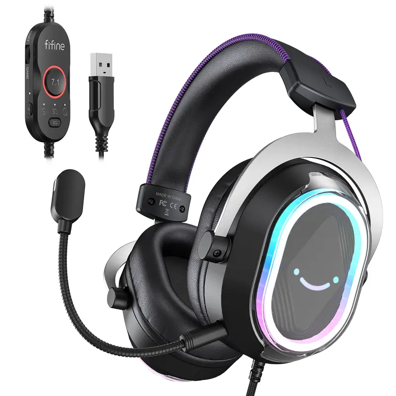 Fifine H13 Over-Ear USB Gaming Headset - Game Peripherals, Gamer Stuff, 7.1 Surround Sound, Condenser Mic, RGB Lights, Ergonomic Ear Pads, Control Box, PC Accessories - Compatible with PC, PS5/PS4, Laptop, Mac, AmpliGame