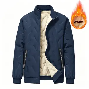 Single piece men’s winter jacket with lamb fleece lining and stitched seams, windproof stand collar, warm cotton outerwear suitable for sports and casual wear.