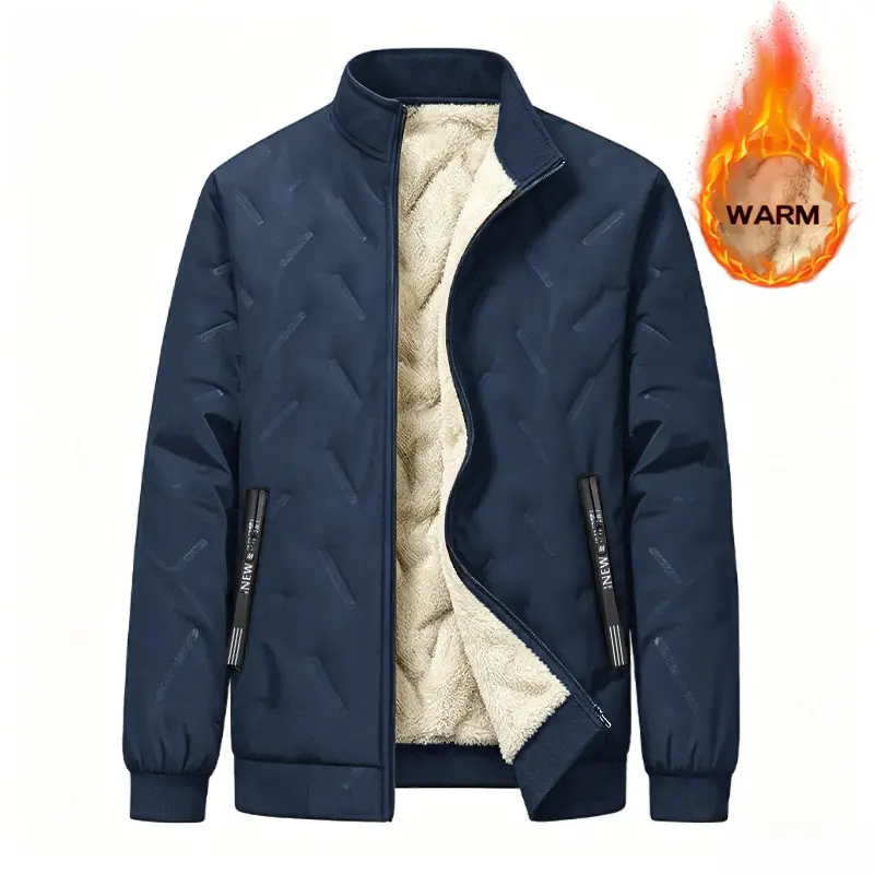 Men's Quilted Winter Jacket - Full-Zip Puffer with Lamb Fleece Lining, Windproof Fabric, Stand Collar and Ribbed Cuffs, Zipper