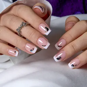 Cat Fish French Tip Press On Nails | CurvLife Nail | 24pcs Medium Oval Fake Nails | Glossy Finish with Cute Animal Accents | Easy to Apply, Comfortable & Long-Lasting | Ideal for Daily Wear, Pet-Themed Parties, Friendly Hangouts & Playful Events