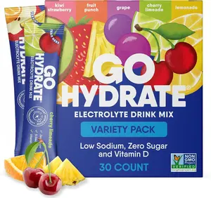 GoHydrate Low Sodium Electrolytes Powder Packets Variety Pack 30 – Sugar-Free Instant Hydration Drink Mix with Vitamin D, Singles