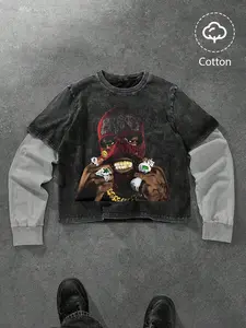 Men's Casual Two-Piece Long Sleeve T-Shirt, Patchwork Sleeves, Graphic Print, Comfortable Cotton Fabric, Street Style