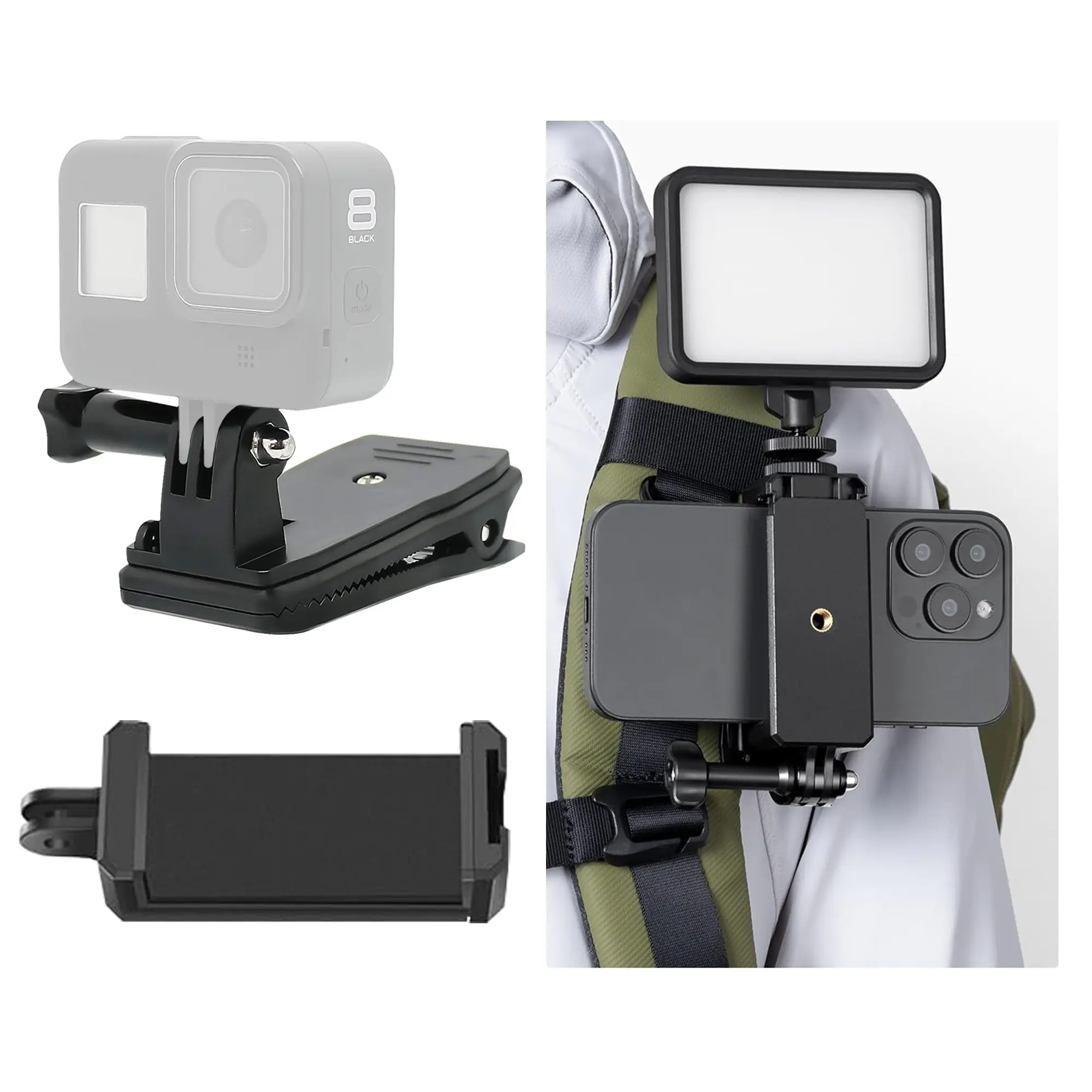 Action Camera Backpack Clip, Book Bag Clip, Hat Clip, Rotatable Multi-Function Clip, Sports Camera Accessories, Camera Accessories For Photography, for Gopro Hero, Dji Osmo Action Camera, Phone Holder Included