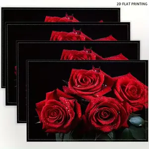 2D flat printing, 2-piece/4-piece/6-piece/8-piece set, rose printed linen placemat, desktop placemat, kitchen decorative placemat, suitable for various occasions, restaurants and households, tableware mat, Western food mat insulation mat combination set