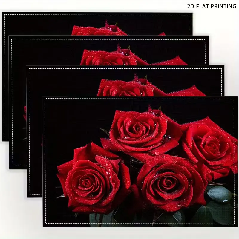 2D flat printing, 2-piece/4-piece set, rose printed linen placemat, Table placemats, desktop, kitchen decorative, tableware, Western food insulation placemat set, suitable for various occasions