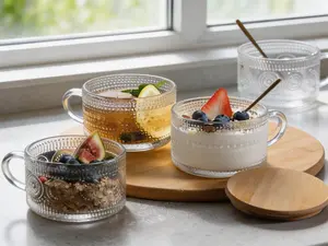 4-piece vintage glass mug set, 14oz embossed cups with bamboo lids and spoons, ideal for coffee, oats and daily gifting.