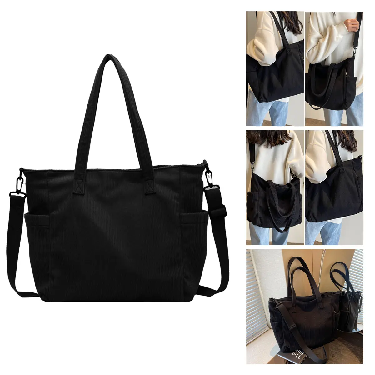 Women's Casual Corduroy Tote Bag, Large Capacity Everyday Shoulder Bag with Pockets - Versatile 3-Way Carry for Commuting, Commuter Bags