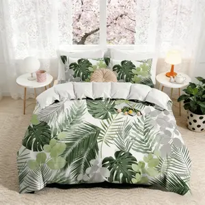 Palm Leaf Single Bedding Set for Kids and Adults, Tropical Style Bed Sheets, 3 Piece Set Includes 1 Fitted Sheet and 2 Pillowcases, Bedroom Bedding Set