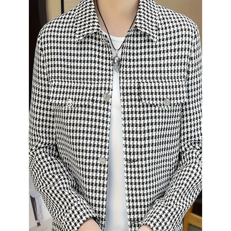 Men's Casual Houndstooth Coat, Single Breasted Lapel Jacket in Polyester Elastane Fabric, Long Sleeve Menswear Tops, Coats, Button