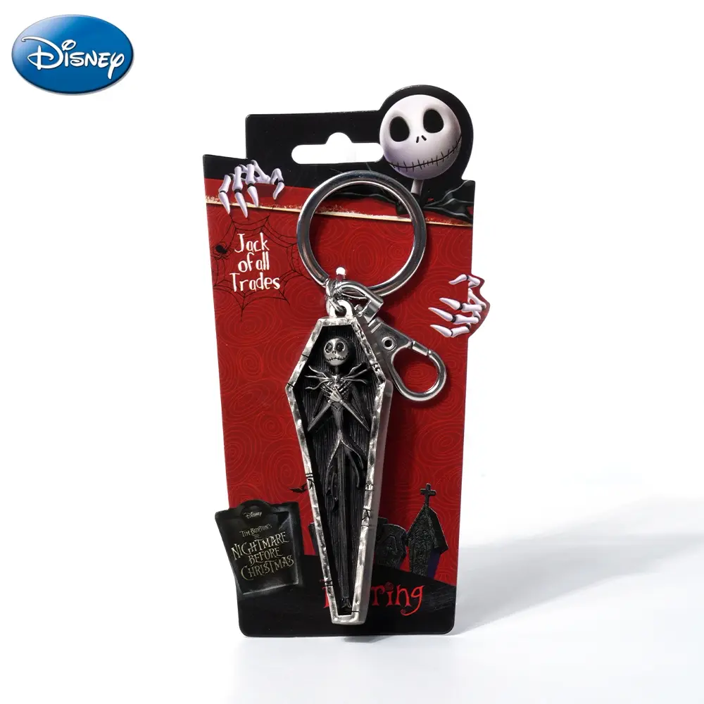 1PC Disney The Nightmare Before Christmas Jack In Coffin Pewter Keyring Metal Keychain With Tag Accessory Suitable For Bag Car Keys Perfect Gifts for Family Friends Couple NBC Ideal for Birthday Christmas Anniversaries Holiday Parties or Everyday Use