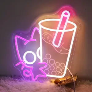 Dimmable USB-Powered Neon Sign - Cute Anime Boba Tea Cup , Japanese Boba Tea Decor for Home, Cafe, Office - No Batteries Needed, Easy Mounting Wall Light
