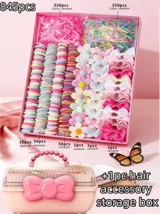 845/846 pieces, Storage Box Included - Girls' Hair Accessories Gift Set, featuring high-strength rubber bands, curly hair strings and three-dimensional decorative hair clips, meeting various styling needs, creating all kinds of creative hairstyles