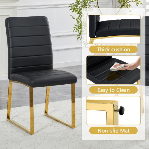 Bellemave  Marble patterned tempered glass dining chair set (gold decoration): 63 inch dining table+4 modern minimalist style dining chairs