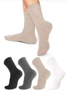 4 Pairs Non Slip Grip Socks for Men Women, Crew Grippy Socks for Hospital Pilates Yoga, Gifts for Seniors Elderly, All Seasons Casual Style