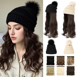 Lansigreen Beanie Wig Knit Beanie Winter Hat with 20inch Detachable Wavy Curly Hair Extensions Warm Knitted Cap Wig for Women Daily Party Winter Vibes