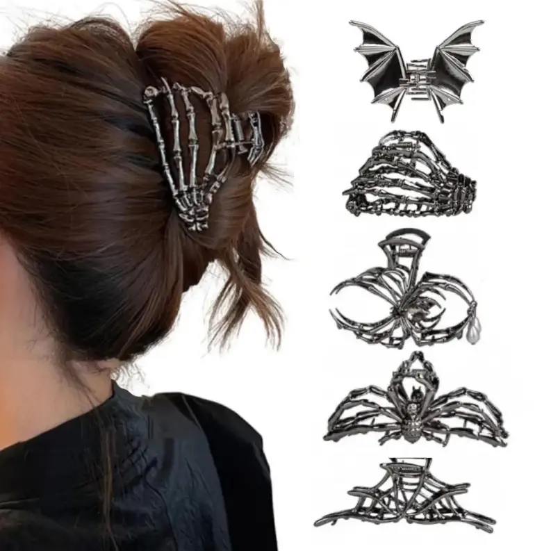 [Halloween Metal Hair Clip Set] 5pcs Halloween Metal Hair Clip Set, Black Spider Claw Clip for Women, Punk Spiderweb Hair Accessory, Non-Slip Clip, Suitable for Thick or Thin Hair