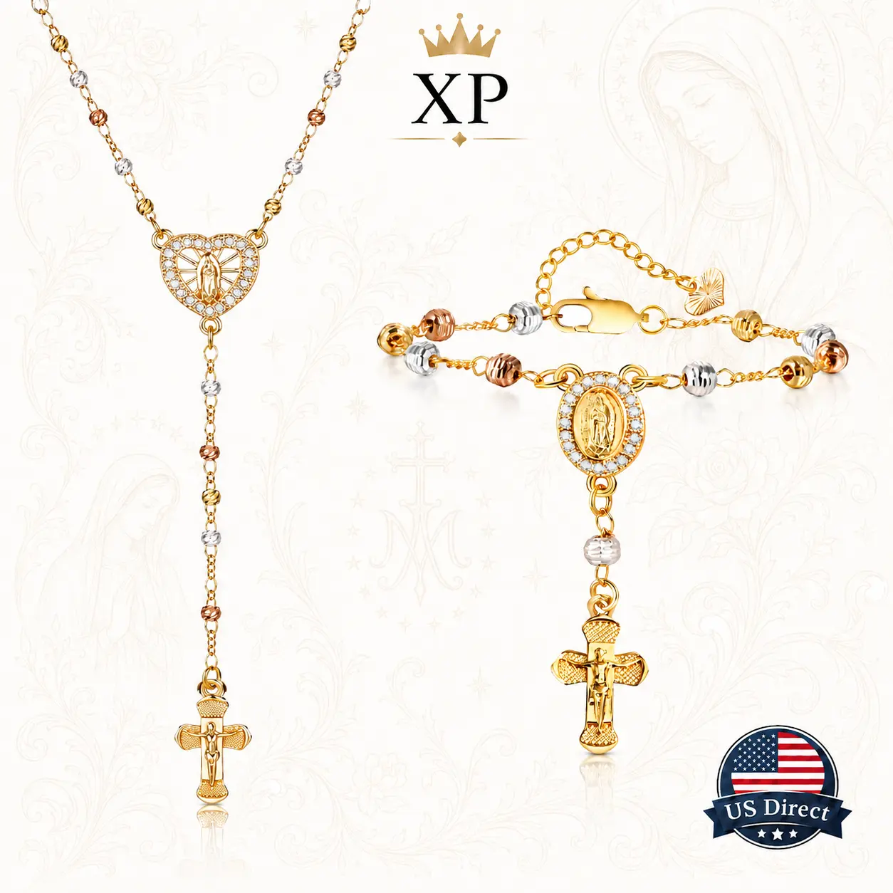 14 K Gold Plated Virgin Mary Rosary Necklace and Bracelet - Dainty Hypoallergenic Copper Jesus Cross Heart Pendant, Non Tarnish Faith Jewelry, Religious Mother's Day Birthday Gifts for Her Girlfriend Gold Statement Chain