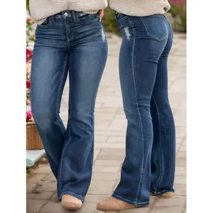 Womenswear Women's Dark Wash Mid-Waisted High Elastic Retro Ripped Bootcut Bell Bottom Denim Trousers, Plus Size
