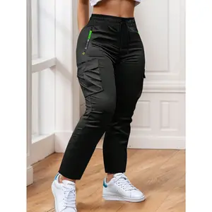 Women’s Straight Leg Cargo Pants, Elastic Waist Casual Trousers with Zipper Side Pockets, Soft Lightweight Fashion Pants Ideal for Daily Outdoor Sports Dating Spring Fall Wear