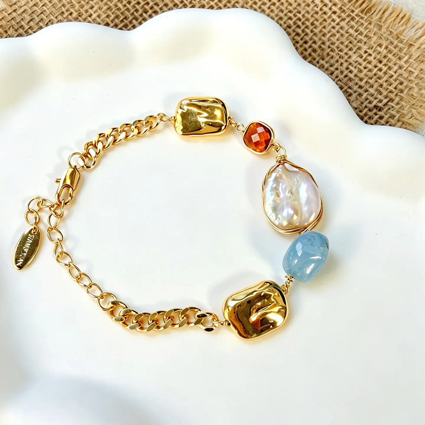 Vintage Chunky Gold Baroque Pearl Bracelet | Adjustable Mixed Gemstone Copper Alloy Chain | Blue & Amber Stone Artisanal Jewelry | French Retro Statement Bangle | Old Money Aesthetic Gift