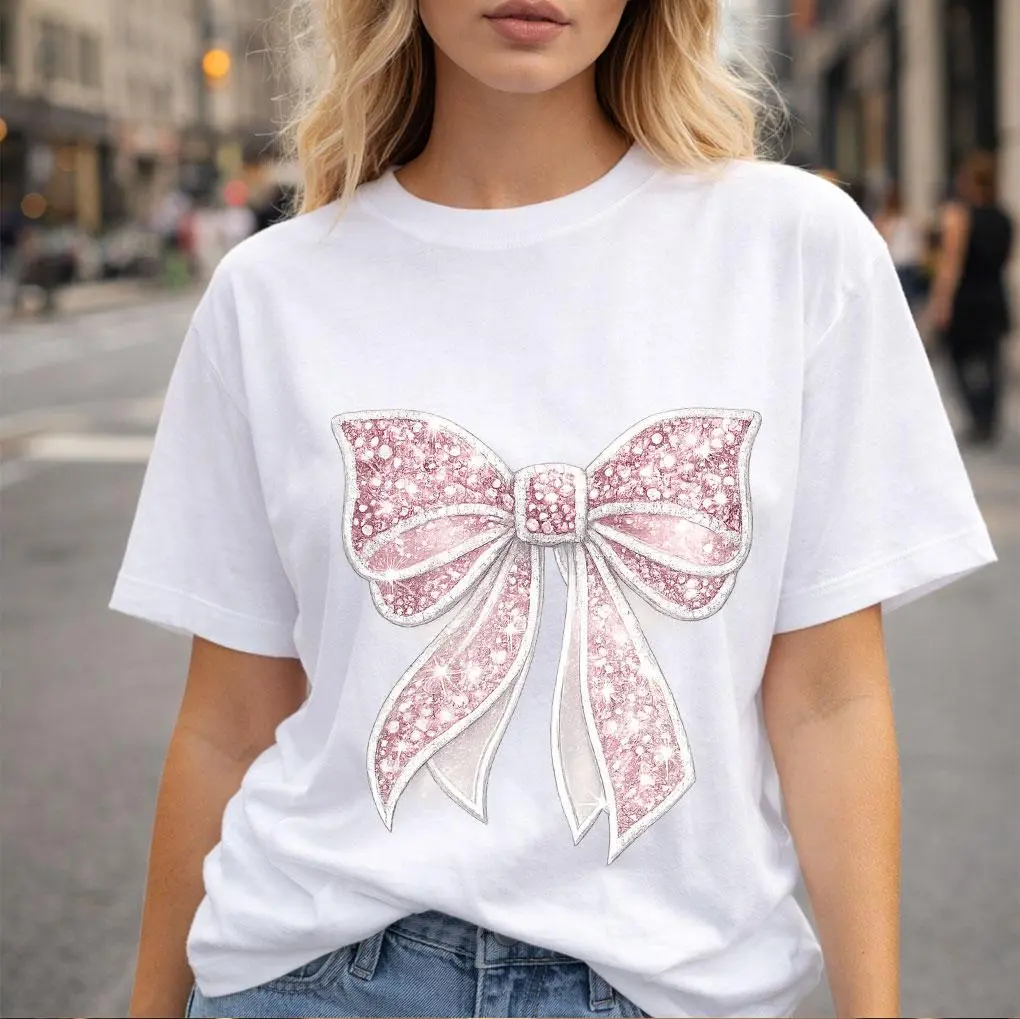 Pink Glitter Bow Graphic Tee | Cute Coquette Aesthetic White T-Shirt for Women & Girls | Sparkly Ribbon Faux Sequin Casual Streetwear Top