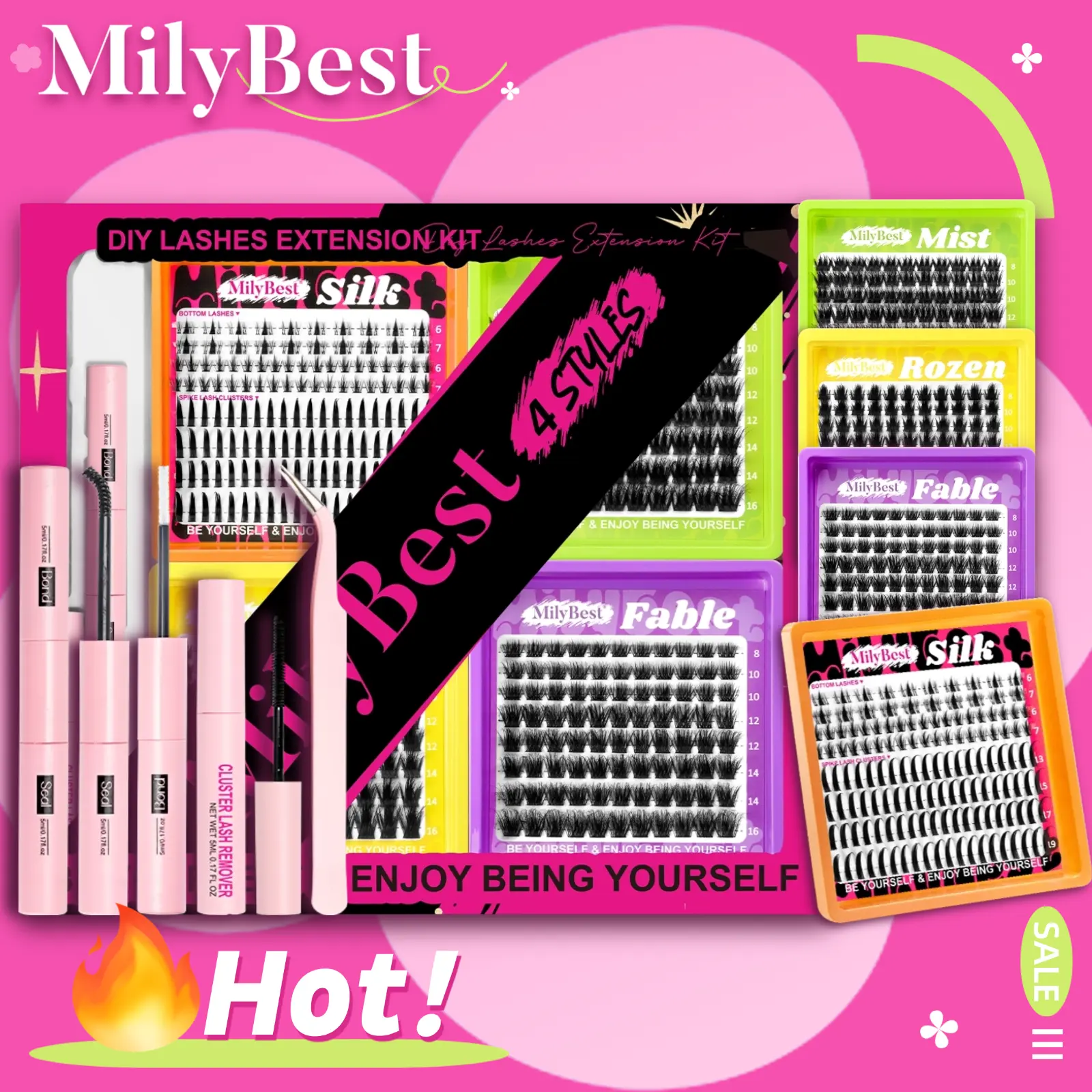 MilyBest 4Style Mini Boxes,1 Set Mixed Length Individval Eyelash Extensions Kit,Self Grafting False Eyelashes with Tweezers&Glue&Remover,Prefessional Eye Makeup Accessories for Women