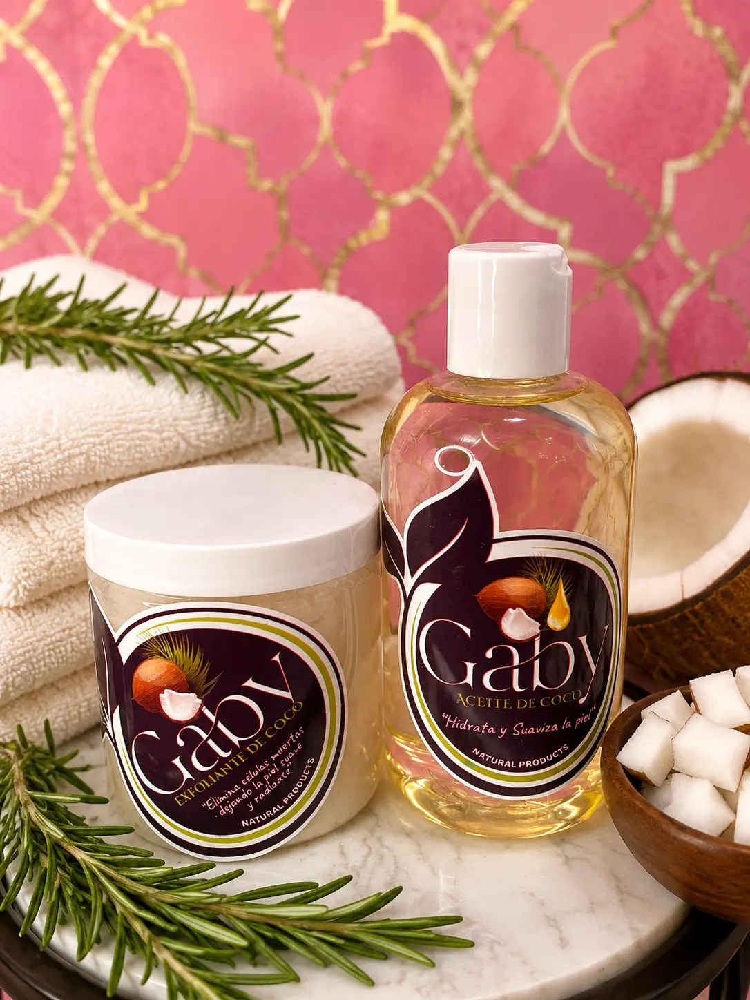 Gaby natural products coconut body scrub and body oil combo.