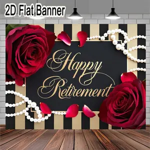2D flat banner, 1pcElegant Retirement Greeting Card with Black Rectangle and Gold Cursive Text 'Happy Retirement', Framed by Striped Gold and Black Background, Adorned with Red Roses and Pearl Accents, Perfect for Retirement Celebration or Gift