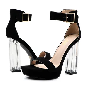 Trendy Women's Transparent Crystal Heeled Sandals – 4.5" Chunky Block Heel, Square Toe & Ankle Strap with Buckle (Runs Slightly Large, Recommend Ordering Half Size Down)