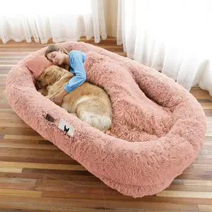 Human Dog Bed – Oversized 71" x 45" x 12" Faux Fur Napping Bed with Pillow, Blanket, and Strap – Pink