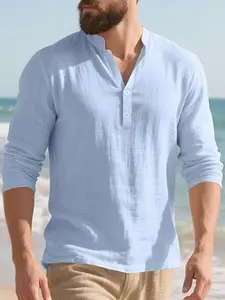 Men's Casual Trendy V Neck Long Sleeve Linen Henley Shirt, Breathable Relaxed Fit Top for Everyday Wear, Stylish European and American Fashion
