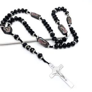 Crystal Beads Catholic Rosary Crucifix Necklace, Our Lady of Gudalupe -Collar Crucifijo Rosario Católico Cuentas de Nuestra senora de Gualdalupe