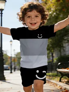 Color-block digital printed short-sleeve set Outfit for infants, kids and Toddler with smiley face design, casual children's wear for babies, suitable for daily and outdoor sports T-shirts. 100% polyester, a perfect gift for infants and kids!