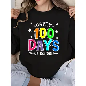 100 Days of School Sweatshirt for Women Crew Neck Long Sleeve Happy 100th Day Teacher Graphic Printed Comfortable Casual Top