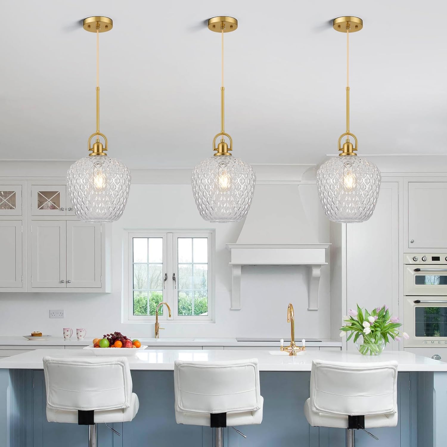 Brushed Gold Pendant Lights Kitchen Island, 10" Large Glass Pendant Light with Hammered Glass Modern Hanging Lighting Fixtures for Kitchen Island Dining Room Entryway Foyer