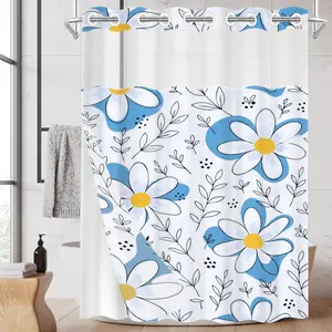 1PC Double Layer No Hooks Shower Curtain, Blue & White Daisy Floral Print, Minimalist Botanical Bathroom Decor, Detachable Buckle Liner for Home Hotel, 71×74 Inch