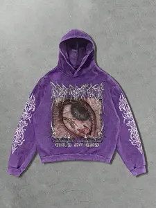 Unisex Gothic Velvet Hoodie, Metal Font Print, Oversized Loose Fit, Thorn Pattern Decor, Religious Slogan, Streetwear Style