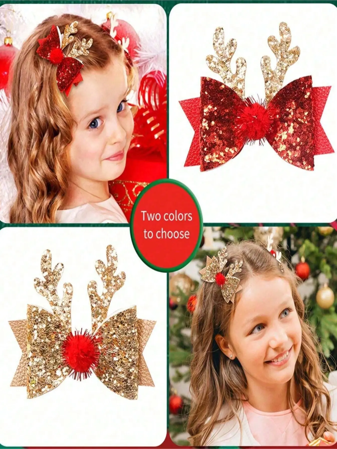 4pcs Christmas Hair Clips, Barrettes Hair Clips, Cute Reindeer Antler Bow Hair Claws, Glitter Christmas Hair Accessories, Fall Winter Holiday Headwear for Girls