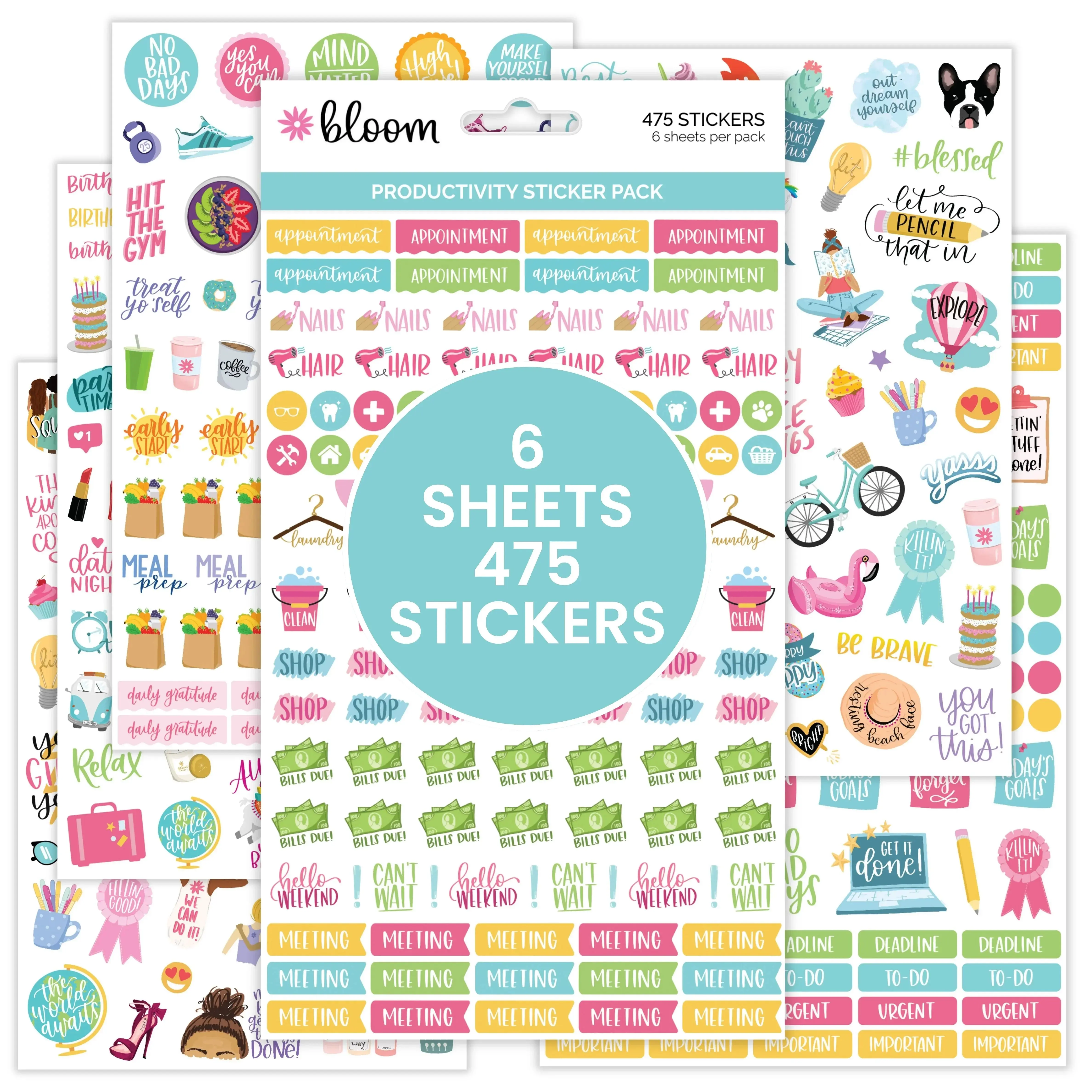 Bloom Productivity Stickers - 6 Sheets 475 Stickers for Organization ...