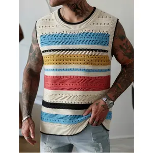 Colorful Striped Knit Vest Men'S Dopamine Hollow Sleeveless T-Shirt American Retro Lazy Shoulder Sweater
