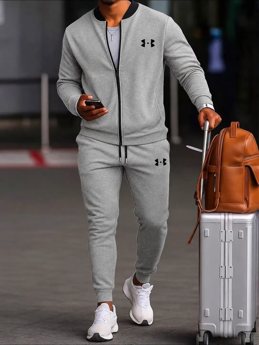 Men’s autumn/winter new sweatshirt set, zip-up jacket with baseball collar + jogger sweatpants, slim fit that is slimming and not tight.