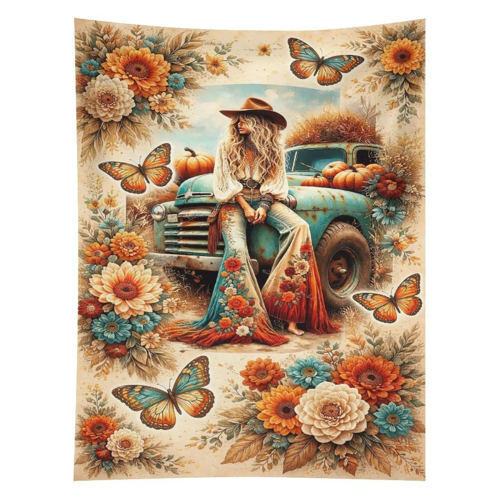 Boho Cowgirl Old Truck Tapestry Floral Butterfly Western Wall Hanging Decor