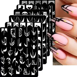 6Pcs Nail Art Stamping Templates Set with French Line Flowers Leaves Smiley Heart Design DIY Stamping Kits Printing Tools Fashion Decoration for Women and Girls