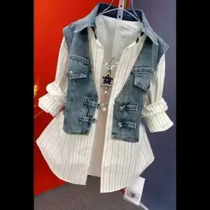 Design Striped Denim Jacket Shirt Women Spring and Summer New Denim Stitching Fake Two Pieces Shirts Coat Top Women full zip floral print