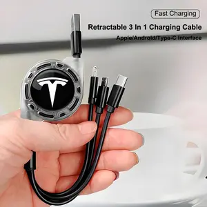 3 In 1 Retractable Data Car Interior Micro USB Type C Charging Cable Multi Charger For Tesla Model 3 Model S Model X Model Y Cybertruck Roadster SpaceX