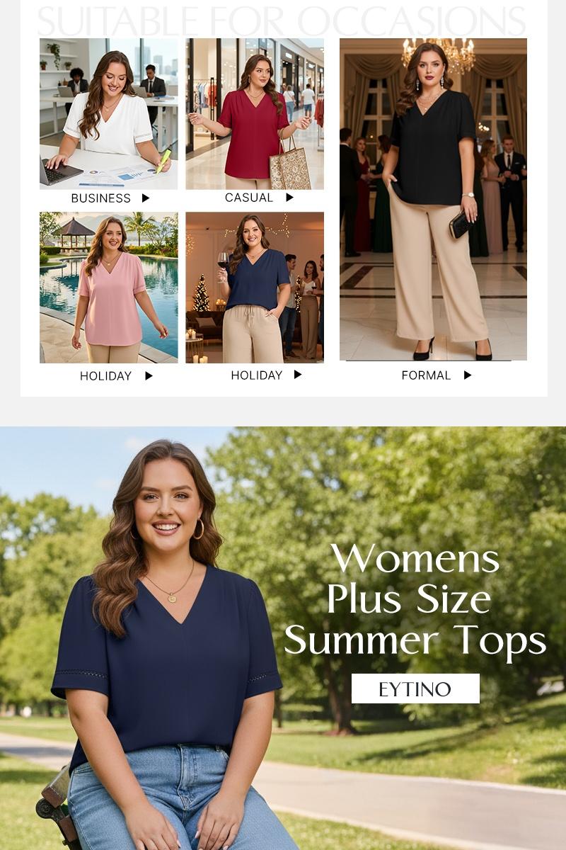 Eytino Plus Size Tops for Women Dressy Casual Pleated V Neck Short Sleeve Business Work Office Blouses Shirts(1X-5X)